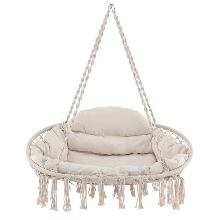 Hand-Woven Rope Hanging Chair with Thick Cushion and Folding Metal Frame Hand-Woven Rope Hanging Chair with Thick Cushion and Folding Metal Frame