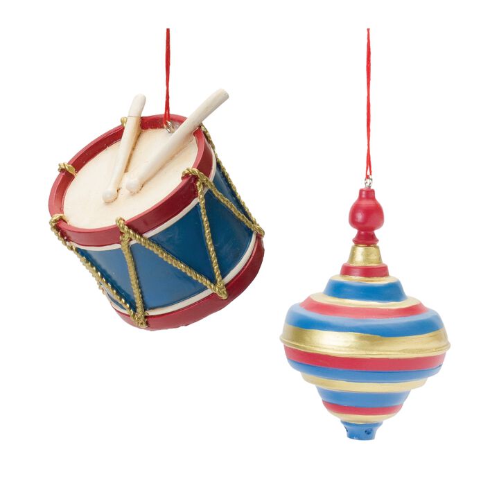 Drum and Top Christmas Ornaments for Holiday Tree Decoration (Set of 12)