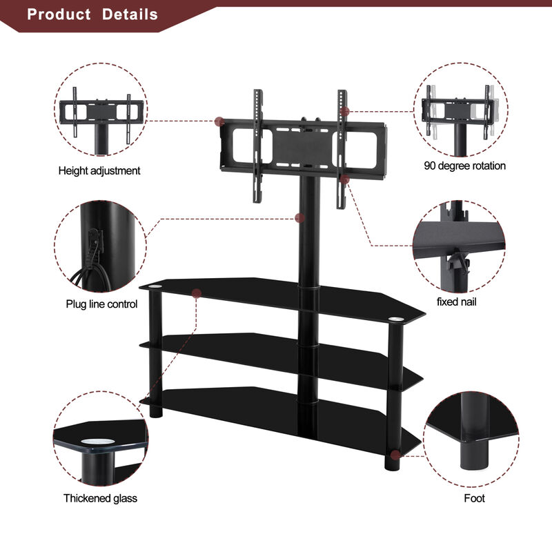 35.4 Inch Black Multi-Function TV Stand Height Adjustable Bracket Swivel 3-Tier