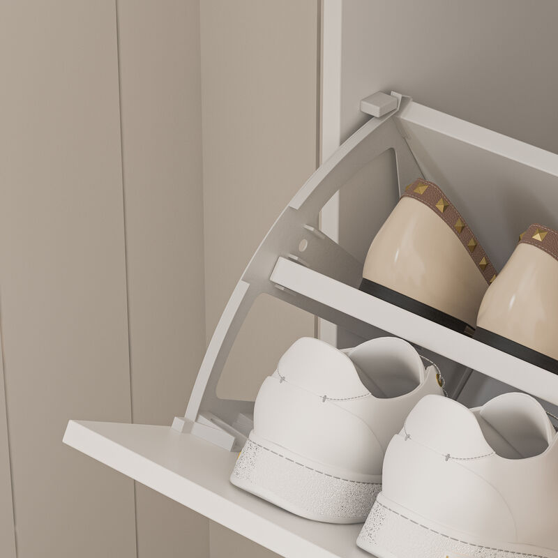 Modern Shoe Storage Cabinet with 4 Flip Drawers & Mirror, Wood 4-Tier Shoe Rack Storage Organizer with Shelves and Door for Entryway, Hallway & Bedroom, White (31.5”L x 9.4”W x 61.2”H)