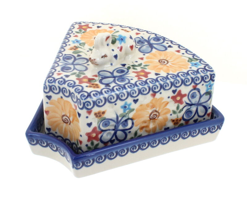 Blue Rose Polish Pottery Garden Butterfly Cheese Dish with Mouse