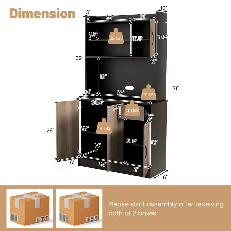 4-Door Freestanding Kitchen Buffet with Hutch and Adjustable Shelves