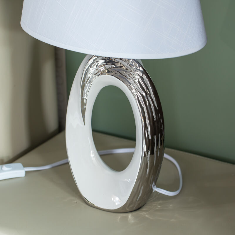 Table Lamps, Decorative Ceramic Table Lamp, with Beige, Brown, and White Stones and Beige Linen Lampshade, 14 inches tall, Unique Lamp for Living Room or Bedroom, Set of 2