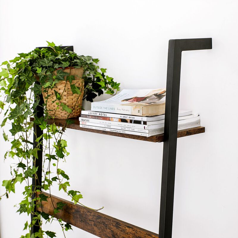 Rustic Brown and Black Blanket Ladder Shelf - Wall-Leaning Steel Frame Towel Rack with Storage Shelf