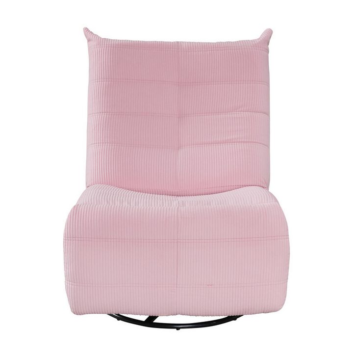 Gea 35 Inch Swivel Recliner Chair, Tufted, Pink Corduroy, Solid Wood - Benzara