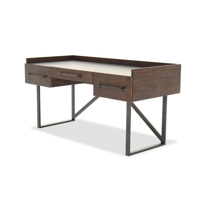 Three Drawers Wooden Desk with Tubular Metal Base and Bar Handles, Brown and Black-Benzara