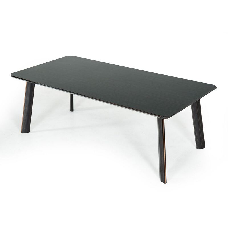 Chad 87 Inch Dining Table, Rectangular, Rose Gold Steel Edge, Black Wood - Benzara