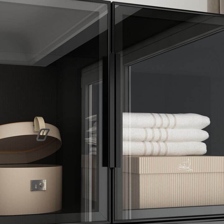 Black Wood 59.1 in. W Tempered Glass Doors Wardrobe Armoires Aluminum Frame with LED Lights, Hanging Rods and Shelves