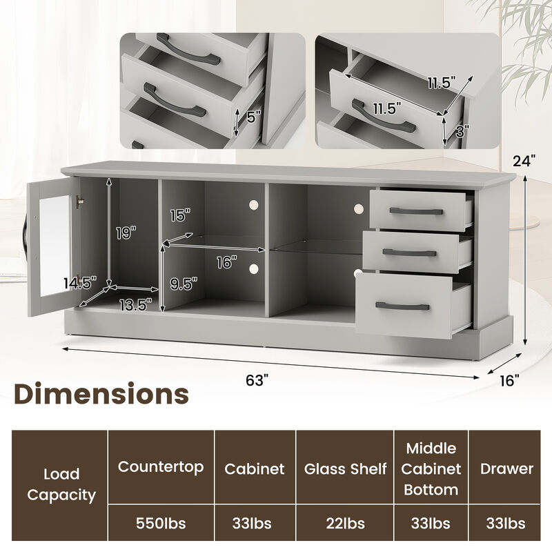 Media Console Table with 3 Drawers and 2 Glass Shelves for Stylish TV and Media Storage