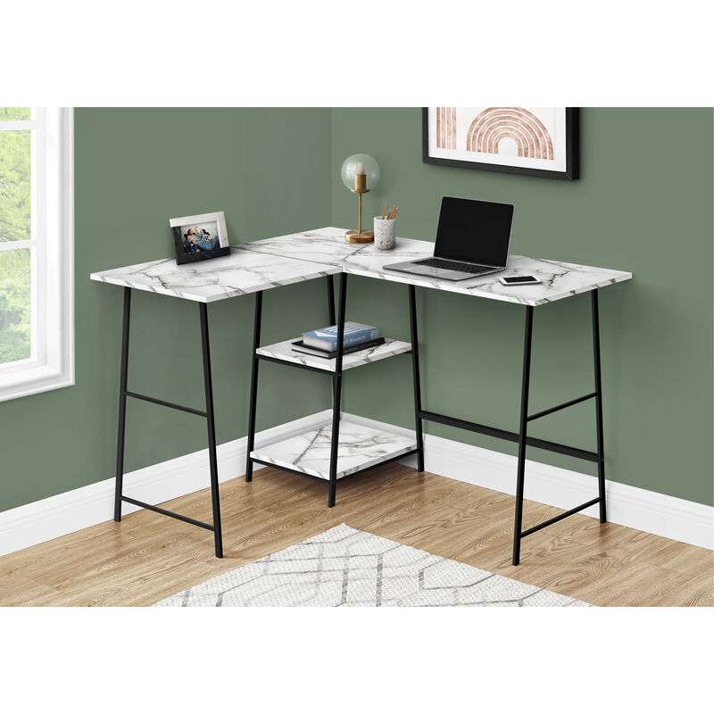 Monarch Specialties I 7595 Computer Desk, Home Office, Corner, Storage Shelves, 48"L, L Shape, Work, Laptop, Metal, Laminate, White Marble Look, Black, Contemporary, Modern