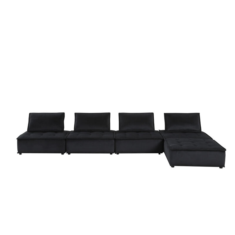 Anna Black Velvet 5 Piece Sectional Sofa Ottoman