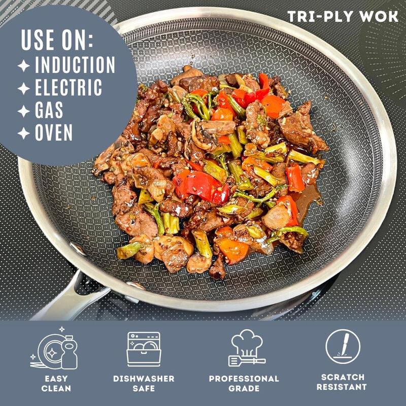 Tri-ply Stainless Steel Diamond Nonstick 5 QT Wok with Glass Lid