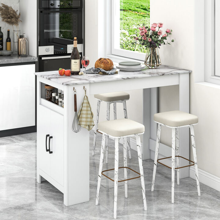 Bar Table Faux Marble Pub Table with 7 Hanging Hooks Compartment