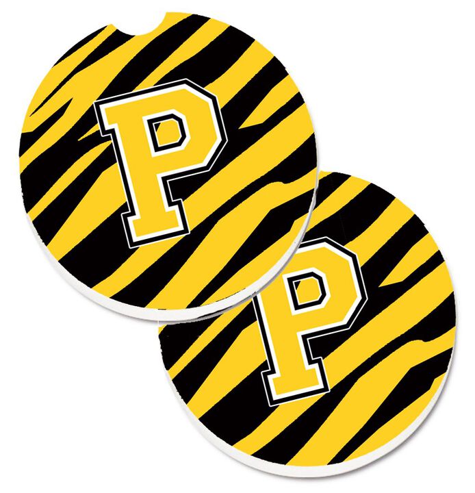 Caroline's Treasures Monogram Initial P Tiger Stripe - black Gold Set of 2 Cup Holder Car Coasters CJ1026-PCARC, 2.56, Multicolor