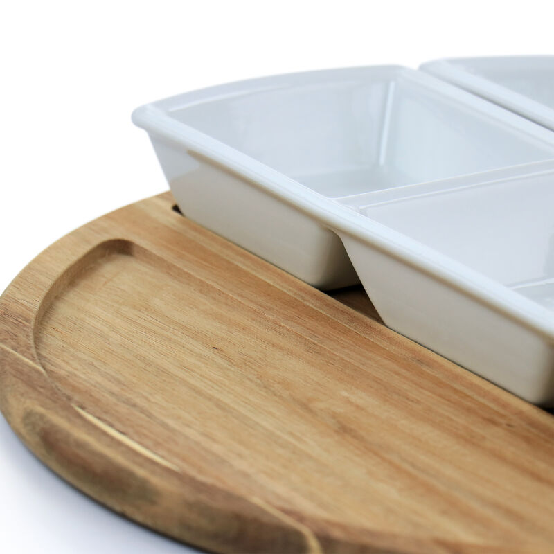 Gibson Elite Gracious Dining 4 Piece Fine Ceramic Sectional Tray Set with Acacia Wood Base