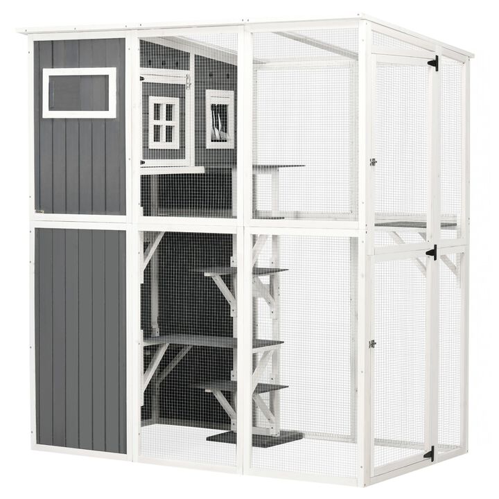 Outdoor Cat Enclosure: Walk-In Wooden Catio with PVC Roof & Platforms