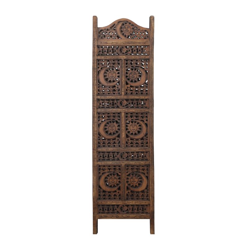 71 Inch 4 Panel Mango Wood Room Divider, Hand Carved, Sun & Moon Design, Brown-Benzara