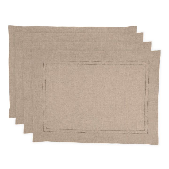 Solino Home 100% Pure Linen Double Hemstitch Placemats Set of 4 -  14 x 19 Inch