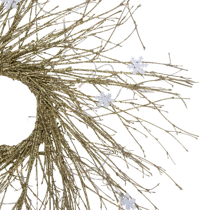28" Pre-lit Gold Glittered Artificial Twig Christmas Wreath  Warm White LED Lights