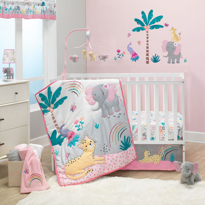 Bedtime Originals Rainbow Jungle Elephant/Leopard Window Valance - Pink/Gray