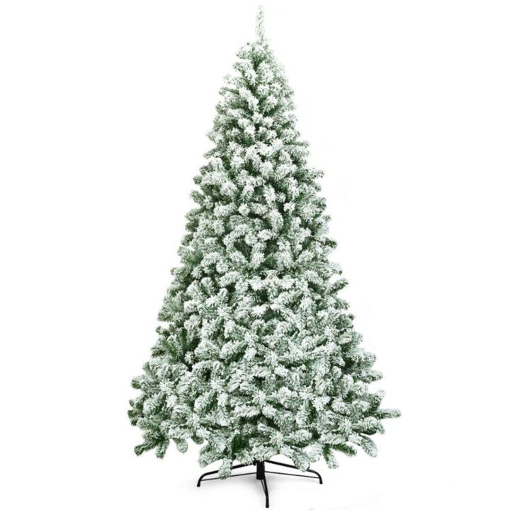Hivvago 7.5 Feet Snow Flocked Artificial Christmas Tree Hinged with 1346 Tip and Foldable Base