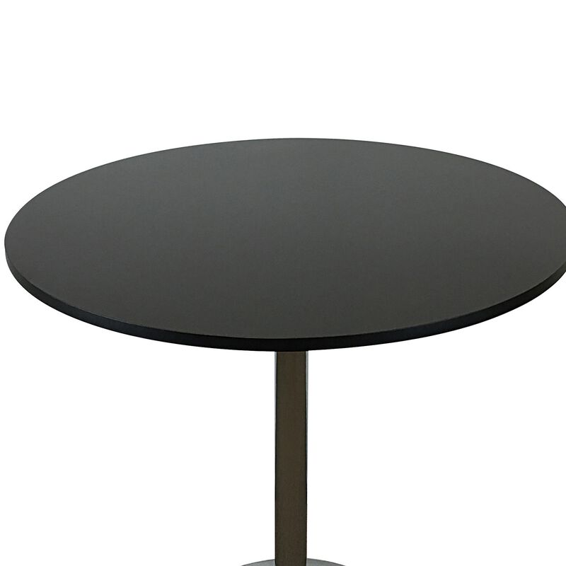 Mari 36 Inch Dining Table, Smooth Black Round Top and Stainless Steel Base - Benzara