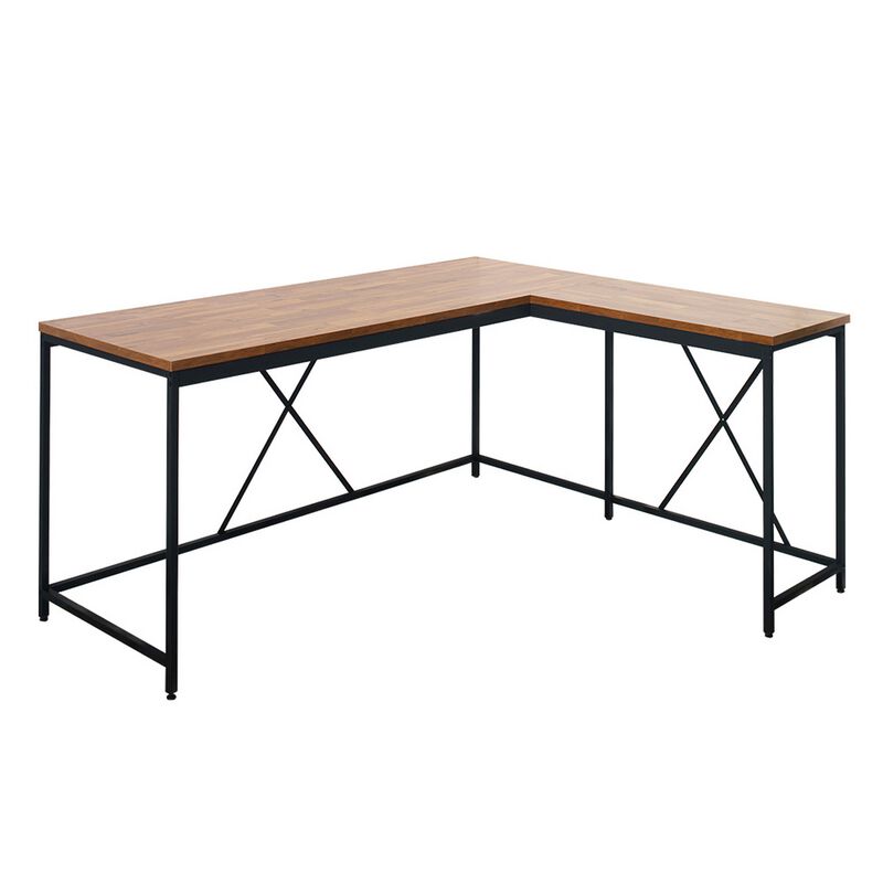 Posy Corner Desk, L Shaped Black Metal Frame, X Crossed, Oak Brown Wood Top - Benzara