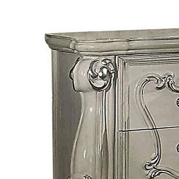 Two Drawers Wooden Nightstand with Carved Details, Bone White-Benzara