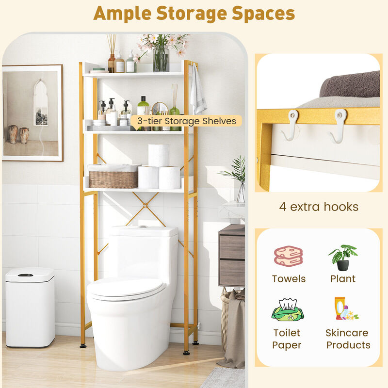 Over The Toilet Storage Rack with Hooks and Adjustable Bottom Bar