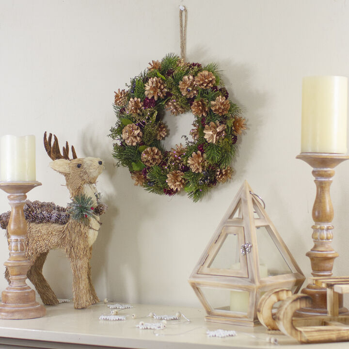 12" Green  Gold  and Red Glitter Pinecones Christmas Wreath