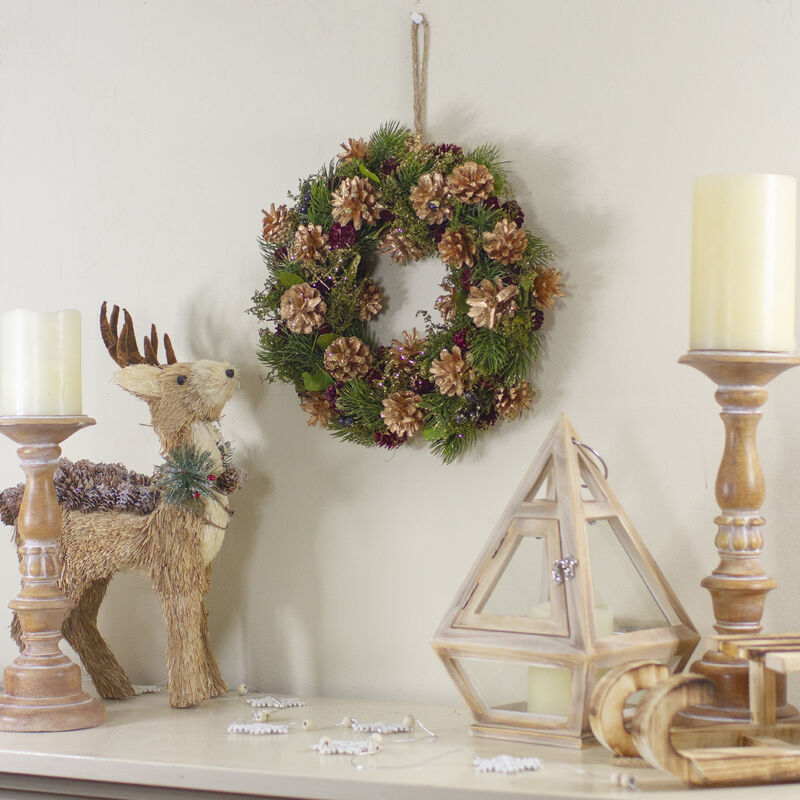 12" Green  Gold  and Red Glitter Pinecones Christmas Wreath
