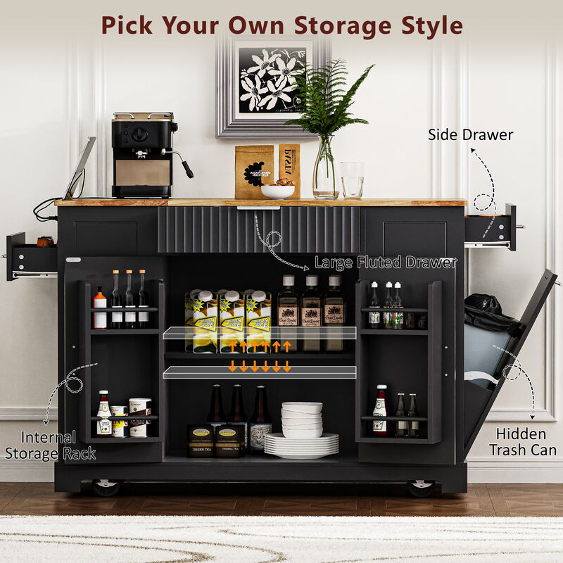 Merax Fluted Kitchen Island with Trash Can Storage Cabinet
