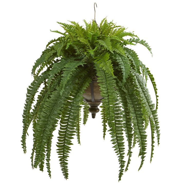Nearly Natural 39-in Boston Fern Artificial Plant in Metal Hanging Bowl Nearly Natural 39-in Boston Fern Artificial Plant in Metal Hanging Bowl