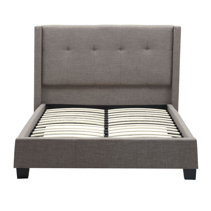 Adams Low Profile California King Bed, Piped Edges, Tufted Linen, Gray - Benzara