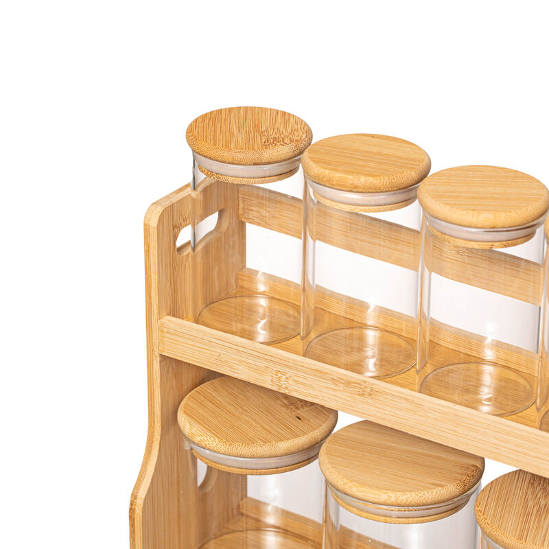 Basicwise Versatile 2-Tier Bamboo Spice Rack and Pantry Organizer with 7 Glass Jars – Perfect for Countertop Storage in Kitchens to Keep  Seasoning Containers Neatly Displayed and Easily Accessible