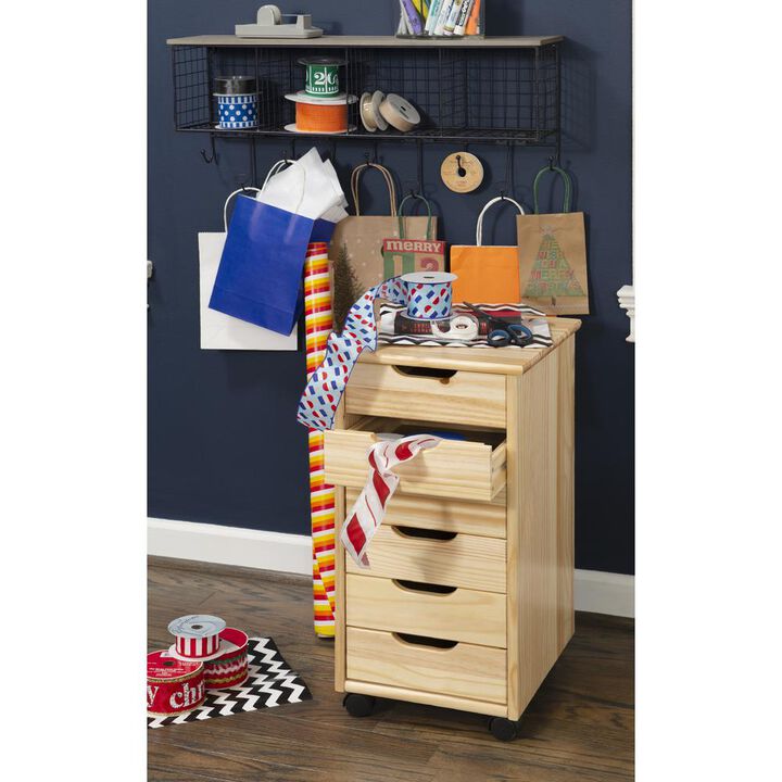Linon Cary Six Drawer Rolling Storage Cart, Natural