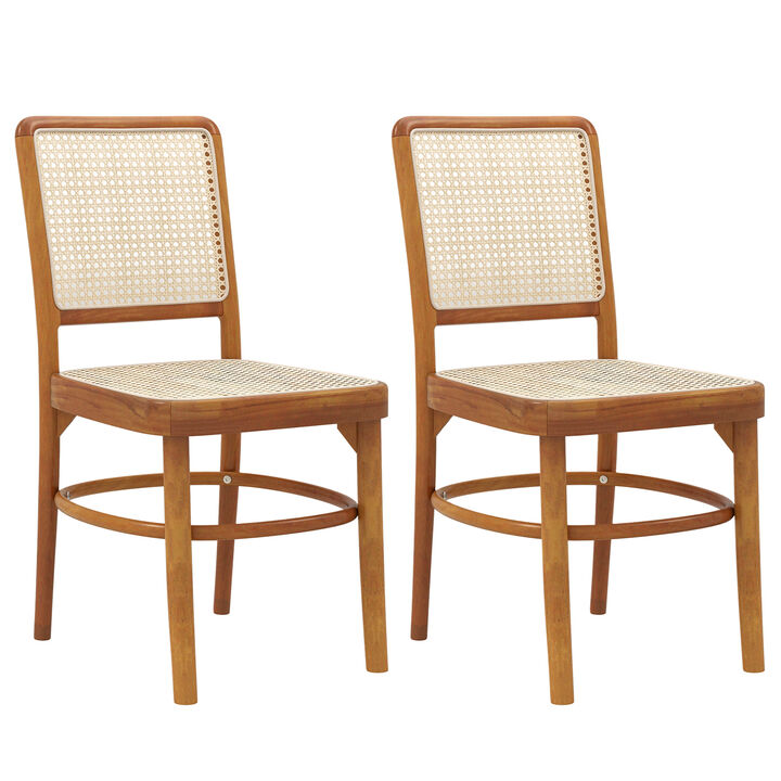 Set of 2 Dining Chairs Rattan with Teak Wood Structure and Footrests