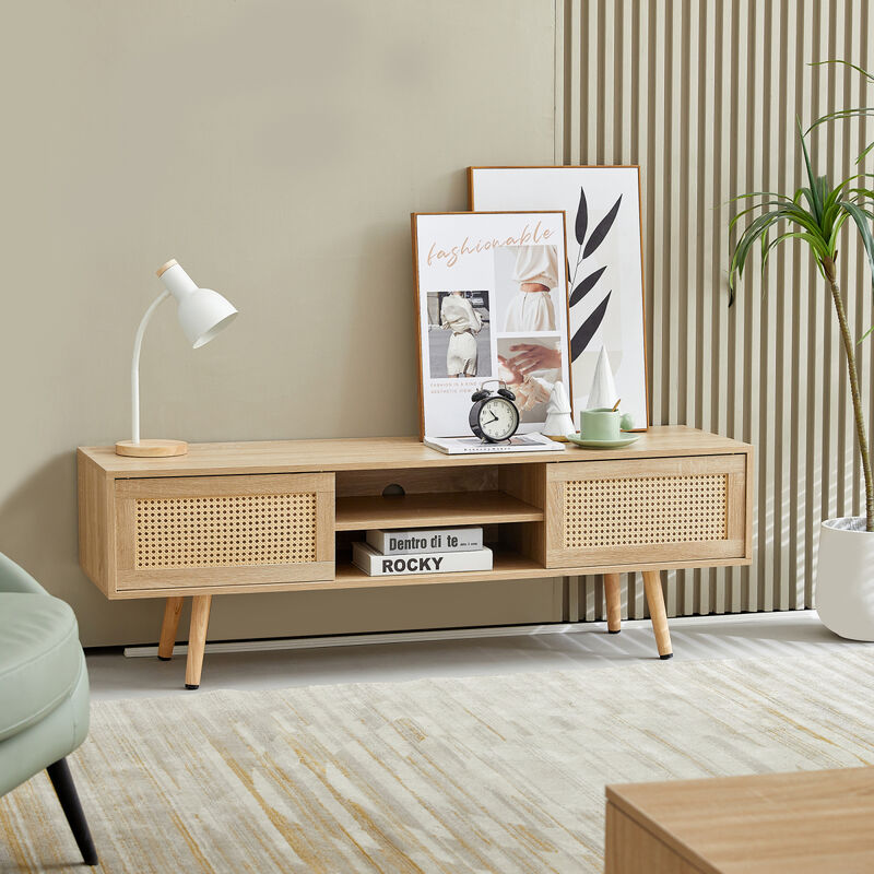 Natural Rattan TV Cabinet with Sliding Doors