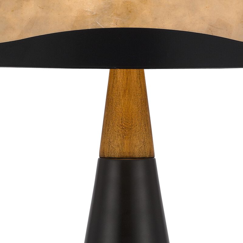 30 Inch 3 Way Table Lamp, Beige Mica Shade, Rubberwood and Black Metal Body-Benzara