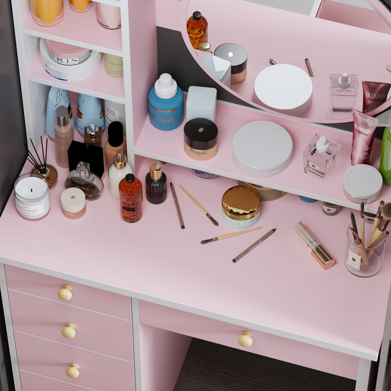 5-Drawers Pink Makeup Vanity Dressing Table Set with Stool, Mirror and Storage Shelves Girls Dressing Table
