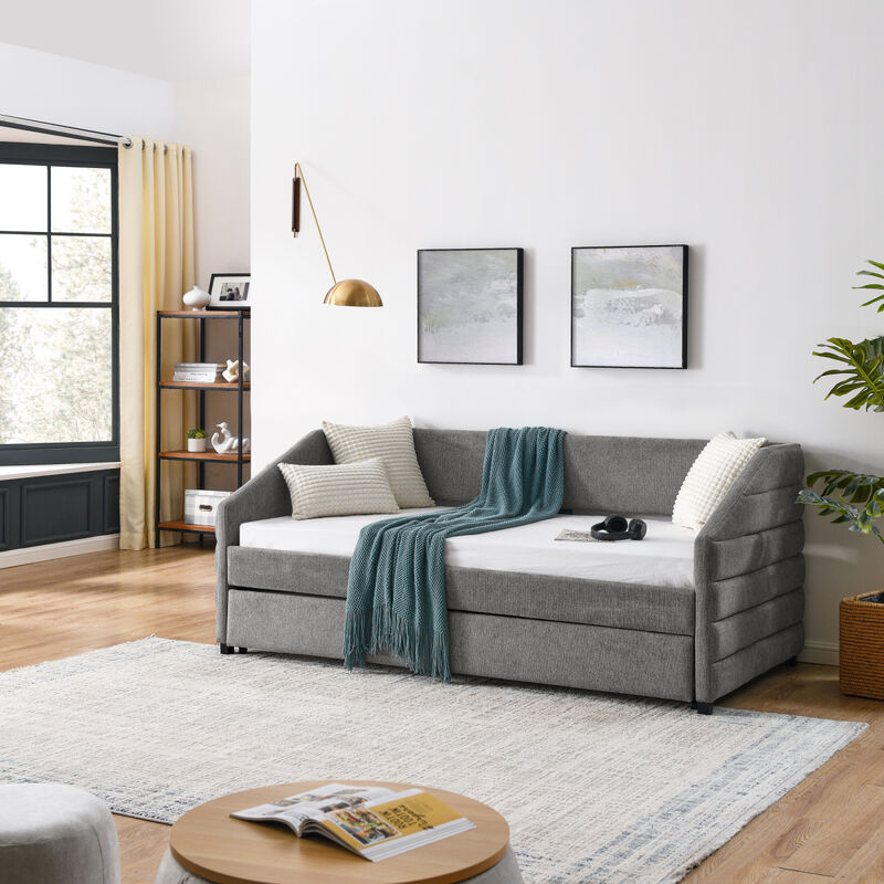 Twin Size Daybed With Trundle Upholstered Tufted Sofa Bed, Linen Fabric, (82.5" X42.5" X34")