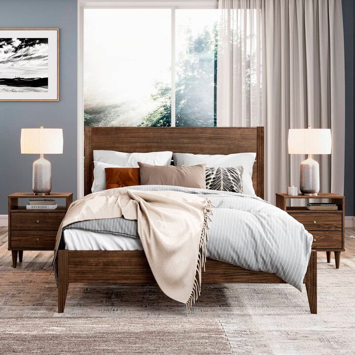 Hivvago Queen Size Rustic Walnut Mid Century Slatted Platform Bed
