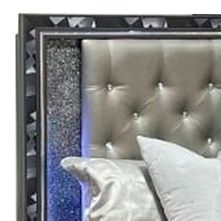 Bet King Bed, Silver Faux Leather Upholstery, LED, Crystal Accents, Black - Benzara