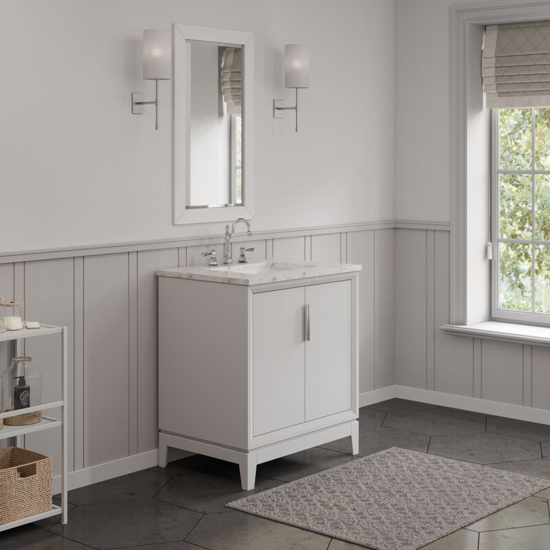 Elizabeth 30 In. Single Sink Carrara White Marble Countertop Bath Vanity In Pure White with Brushed Silver Hardware