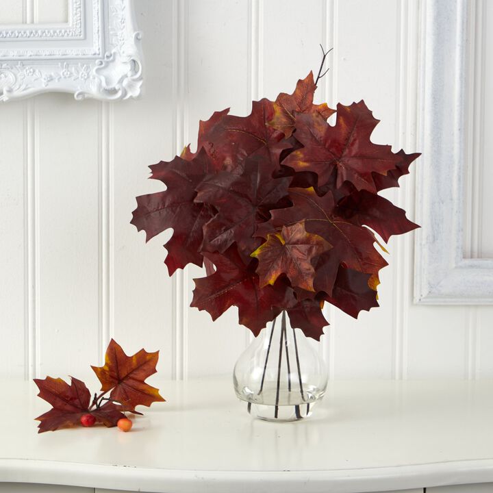 Hivvago 18" Autumn Maple Leaf Artificial Plant in Glass Planter - Burgundy Hivvago 18" Autumn Maple Leaf Artificial Plant in Glass Planter - Burgundy