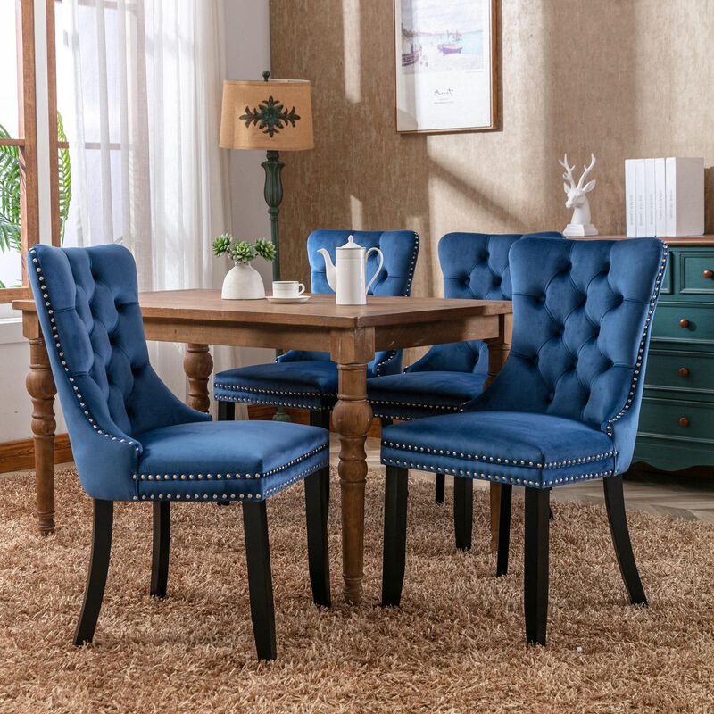 Velvet Upholstered Dining Chairs, Set of 2 – Tufted Back & Wood Legs