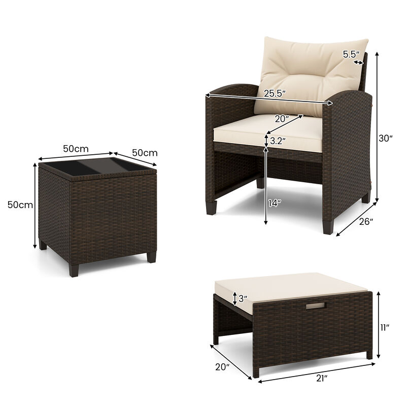 5 Pieces Patio Rattan Furniture with 2 Ottomans and Tempered Glass Coffee Table