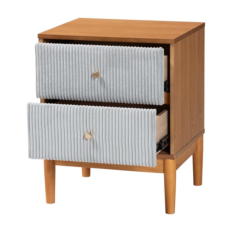 Baxton Studio Taylin Mid Century Grey Corduroy and Oak Brown Wood 2 Drawer Nightstand