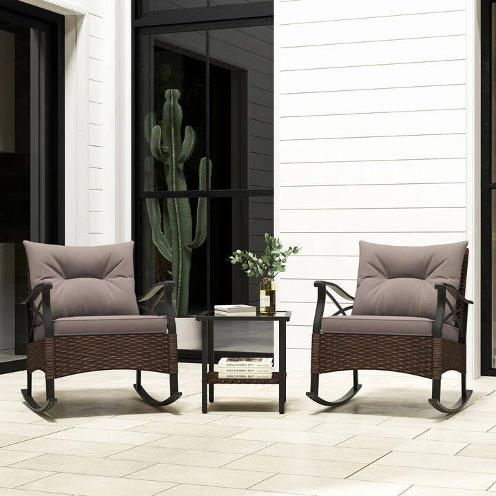 3 Pieces Outdoor Rattan Rocking Chairs Set with 2-Tier Side Table