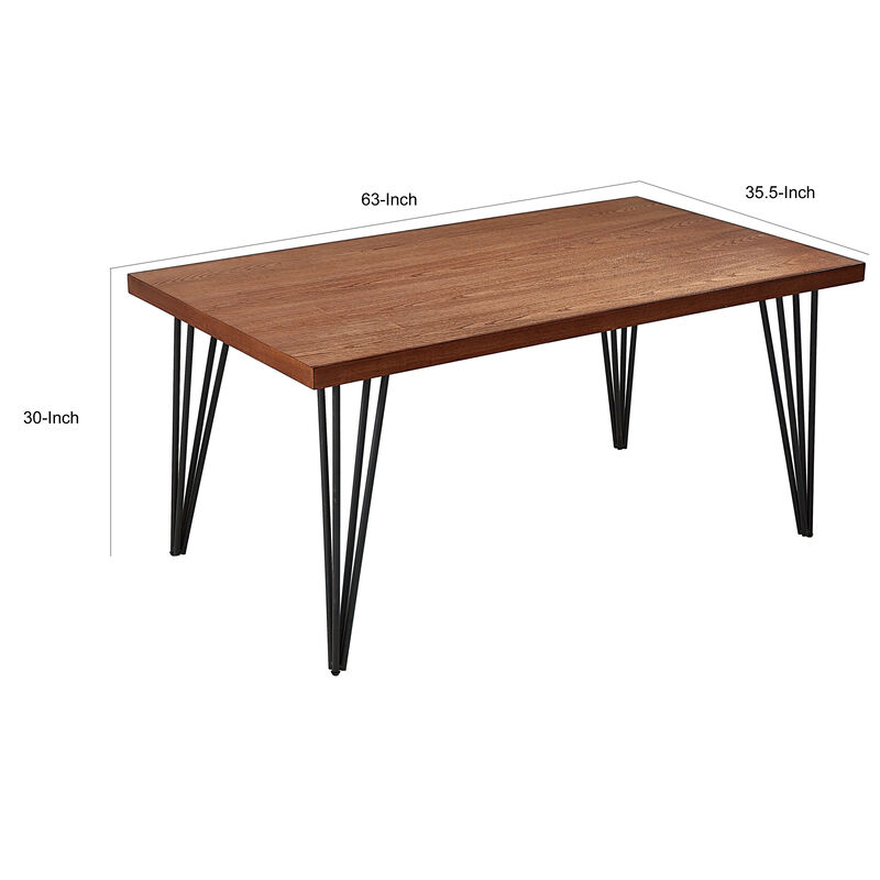 63 Inch Dining Table, Brown Rectangular Elm Veneer Top, Metal Black Legs - Benzara